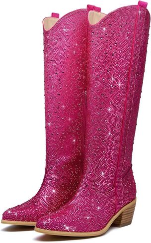 RKQ Women's Sparkly Rhinestone Western Cowboy Boots Glitter Side Zipper Pointed Toe Chunky Block Heel Knee High Cowgirl Boots Bling Party Dating Rave Shoes for Girl in Kuwait