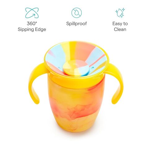 Munchkin Miracle 360 Sippy Cup for 6 Month Old, Spill Proof Baby and Toddler Cups with Transition Handles, 7 Ounce, Tropical Swirl, Yellow/Multi in Kuwait
