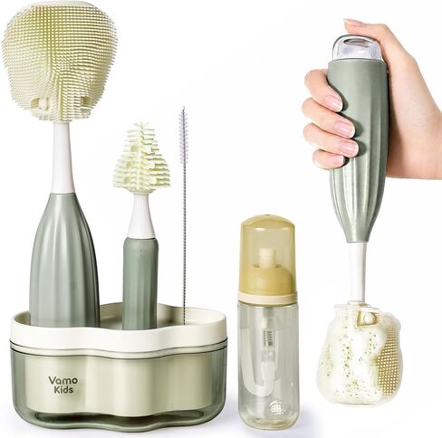 Baby Bottle Brush Set with Soap Dispenser, Foaming Brush & Drying Stand | Soft Silicone Bristles, Fan-Shaped Deep Cleaning Head, 3-Piece Kit with Nipple & Straw Brushes, Quick-Dry Storage, BPA-Free in Kuwait