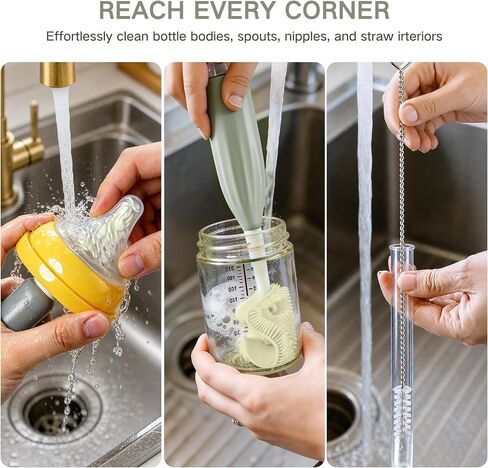 Baby Bottle Brush Set with Soap Dispenser, Foaming Brush & Drying Stand | Soft Silicone Bristles, Fan-Shaped Deep Cleaning Head, 3-Piece Kit with Nipple & Straw Brushes, Quick-Dry Storage, BPA-Free in Kuwait