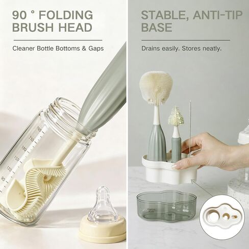 Baby Bottle Brush Set with Soap Dispenser, Foaming Brush & Drying Stand | Soft Silicone Bristles, Fan-Shaped Deep Cleaning Head, 3-Piece Kit with Nipple & Straw Brushes, Quick-Dry Storage, BPA-Free in Kuwait