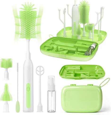 Electric Bottle Brush Cleaner,Portable Electric Baby Bottle Brush Cleaner with Storage Box,Long Battery Life,IPX7 Waterproof,Rechargeable Baby Bottle Cleaning kit for Home & On-The-Go(Avocado Green) in Kuwait