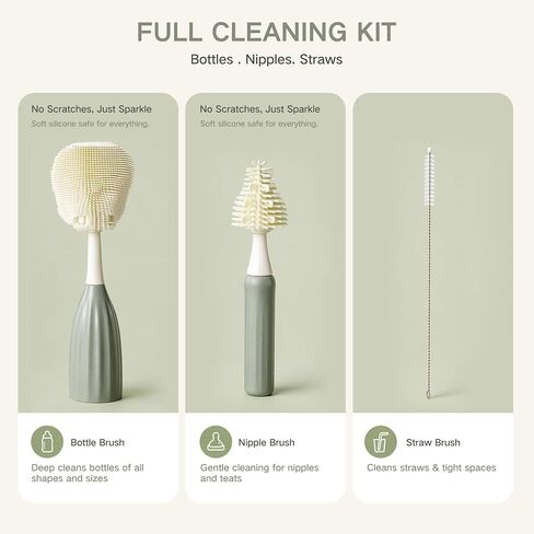 Baby Bottle Brush Set with Soap Dispenser, Foaming Brush & Drying Stand | Soft Silicone Bristles, Fan-Shaped Deep Cleaning Head, 3-Piece Kit with Nipple & Straw Brushes, Quick-Dry Storage, BPA-Free in Kuwait