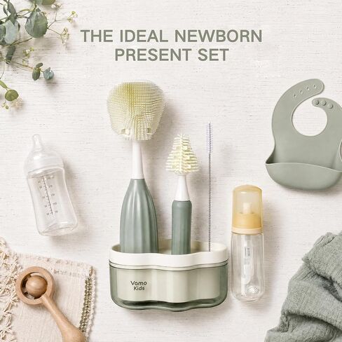 Baby Bottle Brush Set with Soap Dispenser, Foaming Brush & Drying Stand | Soft Silicone Bristles, Fan-Shaped Deep Cleaning Head, 3-Piece Kit with Nipple & Straw Brushes, Quick-Dry Storage, BPA-Free in Kuwait