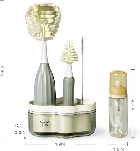 Baby Bottle Brush Set with Soap Dispenser, Foaming Brush & Drying Stand | Soft Silicone Bristles, Fan-Shaped Deep Cleaning Head, 3-Piece Kit with Nipple & Straw Brushes, Quick-Dry Storage, BPA-Free in Kuwait