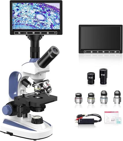 Monocular Compound Microscope with 7'' LCD Screen, 40X-2500X Magnification Microscope for Adults, Dual Illumination, Built-in 5MP Camera, Dual Layer Mechanical Stage for Lab, School and Farm (Blue) in Kuwait