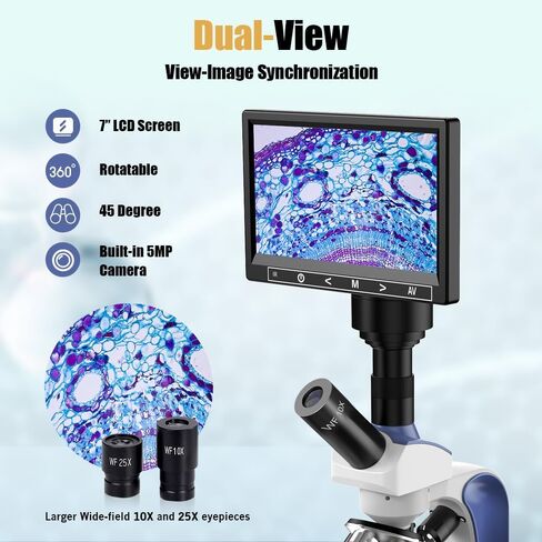 Monocular Compound Microscope with 7'' LCD Screen, 40X-2500X Magnification Microscope for Adults, Dual Illumination, Built-in 5MP Camera, Dual Layer Mechanical Stage for Lab, School and Farm (Blue) in Kuwait