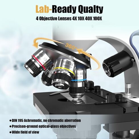 Monocular Compound Microscope with 7'' LCD Screen, 40X-2500X Magnification Microscope for Adults, Dual Illumination, Built-in 5MP Camera, Dual Layer Mechanical Stage for Lab, School and Farm (Blue) in Kuwait