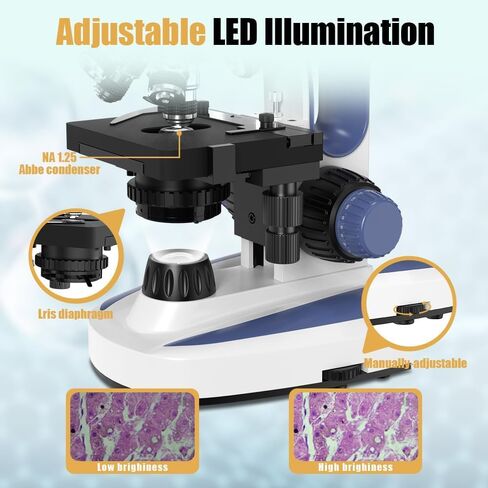 Monocular Compound Microscope with 7'' LCD Screen, 40X-2500X Magnification Microscope for Adults, Dual Illumination, Built-in 5MP Camera, Dual Layer Mechanical Stage for Lab, School and Farm (Blue) in Kuwait