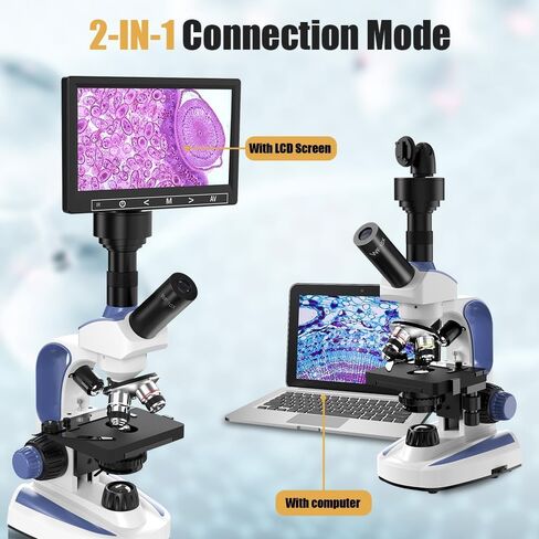 Monocular Compound Microscope with 7'' LCD Screen, 40X-2500X Magnification Microscope for Adults, Dual Illumination, Built-in 5MP Camera, Dual Layer Mechanical Stage for Lab, School and Farm (Blue) in Kuwait