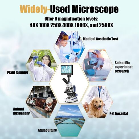 Monocular Compound Microscope with 7'' LCD Screen, 40X-2500X Magnification Microscope for Adults, Dual Illumination, Built-in 5MP Camera, Dual Layer Mechanical Stage for Lab, School and Farm (Blue) in Kuwait