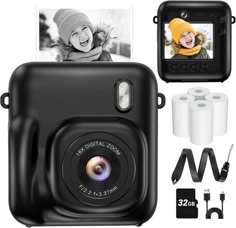 Instant Camera, Dual-Lens Kids Camera Instant Print for Boys Girls Christmas Birthday Gifts, 1080P Digital Cameras for Kids Teens with Print Paper, 32GB Card, Toddle Toy for Age 4-12 Years(Black) in Kuwait