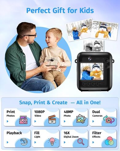 Instant Camera, Dual-Lens Kids Camera Instant Print for Boys Girls Christmas Birthday Gifts, 1080P Digital Cameras for Kids Teens with Print Paper, 32GB Card, Toddle Toy for Age 4-12 Years(Black) in Kuwait