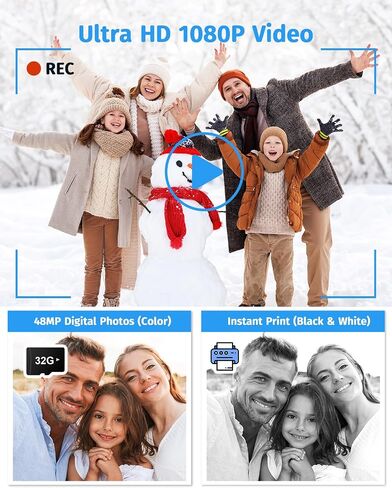 Instant Camera, Dual-Lens Kids Camera Instant Print for Boys Girls Christmas Birthday Gifts, 1080P Digital Cameras for Kids Teens with Print Paper, 32GB Card, Toddle Toy for Age 4-12 Years(Black) in Kuwait