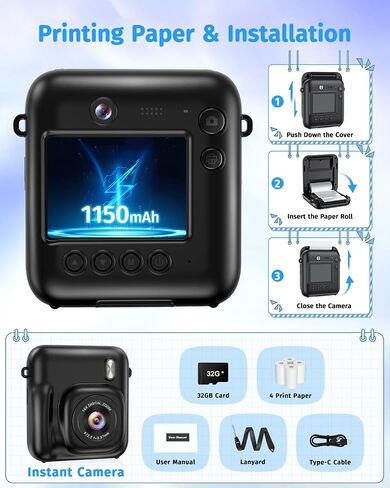 Instant Camera, Dual-Lens Kids Camera Instant Print for Boys Girls Christmas Birthday Gifts, 1080P Digital Cameras for Kids Teens with Print Paper, 32GB Card, Toddle Toy for Age 4-12 Years(Black) in Kuwait