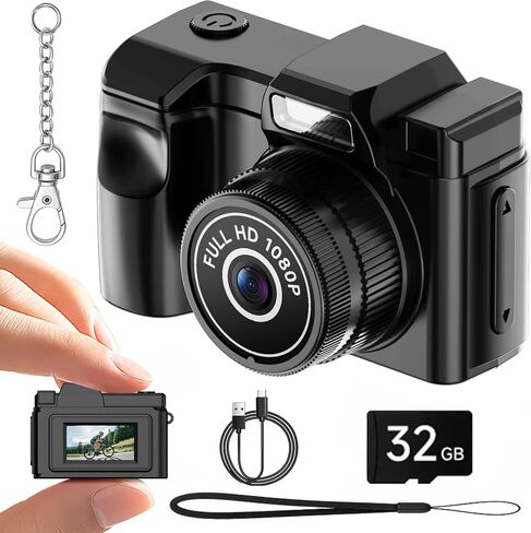 Y2Y Mini Keychain Camera, Retro 1080P HD Tiny Digital Camera, Black | 32GB SD, 0.96" Screen, Pocket Mini Camera, Portable Video Recorder, Travel Vlogs and Daily Recording in Kuwait