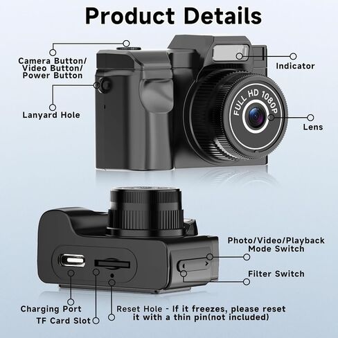 Y2Y Mini Keychain Camera, Retro 1080P HD Tiny Digital Camera, Black | 32GB SD, 0.96" Screen, Pocket Mini Camera, Portable Video Recorder, Travel Vlogs and Daily Recording in Kuwait