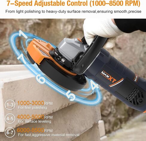 MAXXT 5 Inch Concrete Surfacing Grinder, 1500W 14A Motor, 7 Adjustable Speed Angle Grinder Kit with Diamond Disc, Removable Guard, Concrete Sander for Polishing and Grinder Stone Cement Marble Granite in Kuwait
