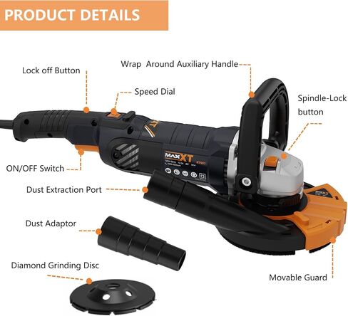 MAXXT 5 Inch Concrete Surfacing Grinder, 1500W 14A Motor, 7 Adjustable Speed Angle Grinder Kit with Diamond Disc, Removable Guard, Concrete Sander for Polishing and Grinder Stone Cement Marble Granite in Kuwait