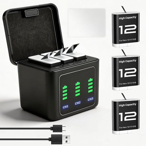 Battery Charger Kit with 3 Batteries for GoPro Hero 12 11 10 9 | 2580mAh Capacity,Triple Charging Case,Type-C Cable,Tempered Glass Protector,Camera Replacement Accessories in Kuwait