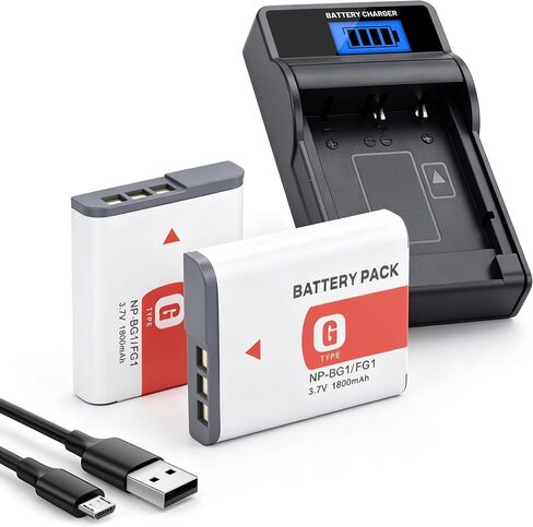 2-Pack NP-BG1 NP-FG1 BG1 Battery and LCD Charger for Sony DSC-H10 H20 H50 H55 H70 H90 DSC-HX9V HX10V HX20V HX30V DSC-W90 W100 W120 W130 W150 W170 W200 W210 W215 W220 W230 W270 W290 1800mAh in Kuwait