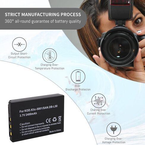 2-Pack KLIC-5001 Battery, Slim Fast Charger for Kodak Easyshare P712 P850 | P880 Z730 Z760 Z7590 DX6490 DX7440 DX7590 DX7630 Zoom and Sanyo DB-L50 DMX-WH1 HD1010 FH11 HD2000 VPC-WH1 in Kuwait