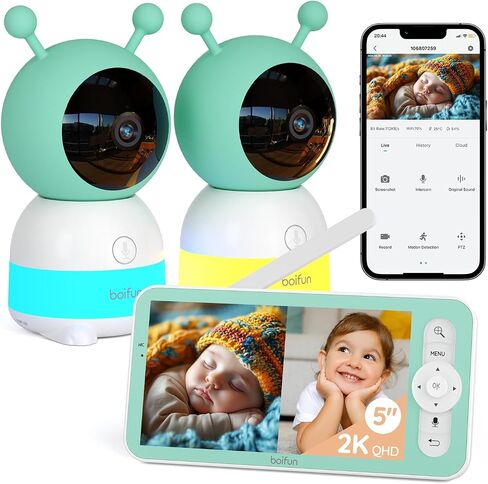 Boifun 2K Wifi Baby Monitor with 2 Cameras, Soothing Night Light, APP & 5" Split-screen Control, Motion/Cries/Noise/Customizable Alarm Zones Detect, Auto Tracking, PTZ, Humidity&Temperature Monitoring in Kuwait