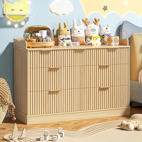 Vabches Nursery Dresser, 7 Drawer Wood Baby Dresser, Fluted Chest with Gold Handles, Safe & Spacious Storage Organizer for Kids Bedroom Nursery Room, Oak in Kuwait