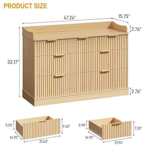 Vabches Nursery Dresser, 7 Drawer Wood Baby Dresser, Fluted Chest with Gold Handles, Safe & Spacious Storage Organizer for Kids Bedroom Nursery Room, Oak in Kuwait