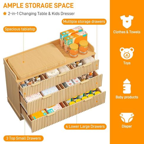 Vabches Nursery Dresser, 7 Drawer Wood Baby Dresser, Fluted Chest with Gold Handles, Safe & Spacious Storage Organizer for Kids Bedroom Nursery Room, Oak in Kuwait