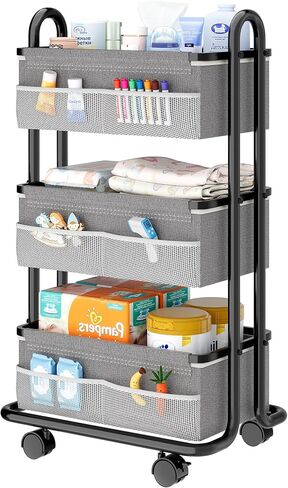 3-Tier Baby Diaper Caddy Organizer Cart, Mobile Nursery Storage Carts with Wheels, 3 Dividers & 6 Mesh Pockets Durable Metal Utility Cart for Nursery, Bedroom, Bathroom, Baby Essentials Organization in Kuwait