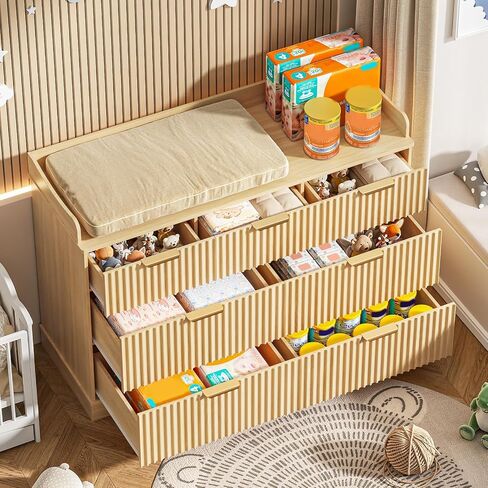 Vabches Nursery Dresser, 7 Drawer Wood Baby Dresser, Fluted Chest with Gold Handles, Safe & Spacious Storage Organizer for Kids Bedroom Nursery Room, Oak in Kuwait
