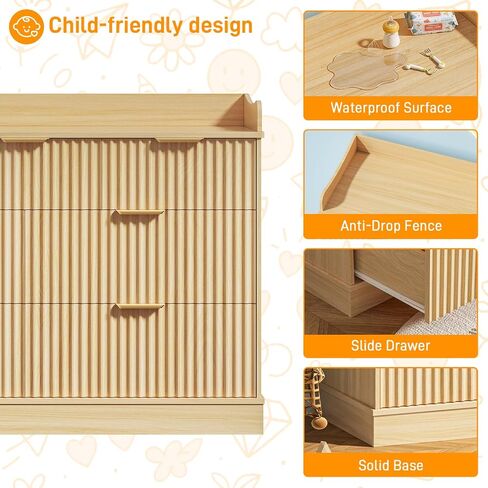 Vabches Nursery Dresser, 7 Drawer Wood Baby Dresser, Fluted Chest with Gold Handles, Safe & Spacious Storage Organizer for Kids Bedroom Nursery Room, Oak in Kuwait