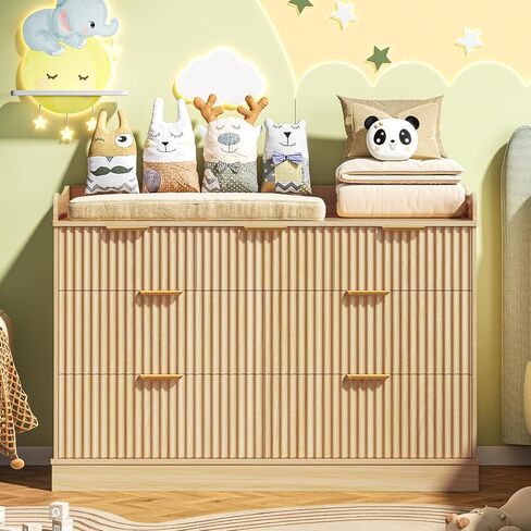 Vabches Nursery Dresser, 7 Drawer Wood Baby Dresser, Fluted Chest with Gold Handles, Safe & Spacious Storage Organizer for Kids Bedroom Nursery Room, Oak in Kuwait