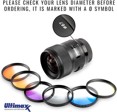 Ultimaxx 67MM 6PC Gradual Color Lens Filter Accessory Kit Compatible with EF 35mm f/2 is USM Lens, EF 70-200mm f/4L USM Lens, Nikon AF-S NIKKOR 28mm f/1.8G Lens, and More in Kuwait