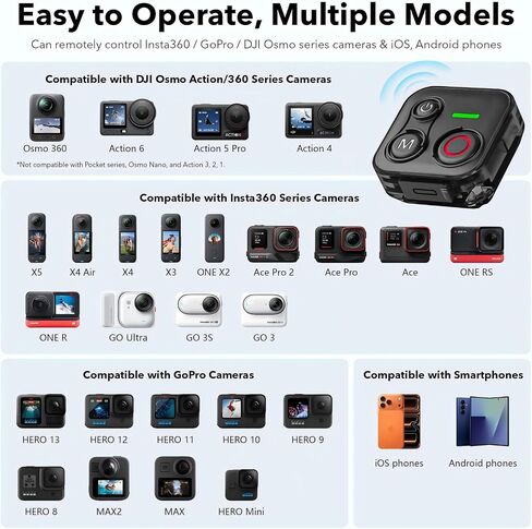 Bluetooth Remote Control for DJI Osmo 360, Osmo Action 6/5 Pro/4, for insta360 GO Ultra/GO 3S/X5/X4/X3/Ace - 164ft Range, Compatible with iPhone 12-17 Pro Max, Hero 8-13, Android Phones in Kuwait