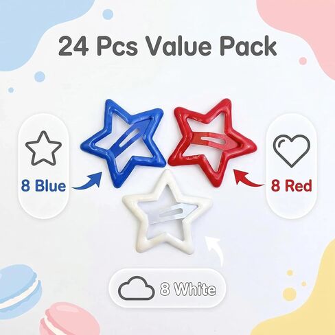 24 Pcs Star Hair Clips for Girls Red Blue White Colorful Metal Non-Slip Snap Hair Clips in Kuwait