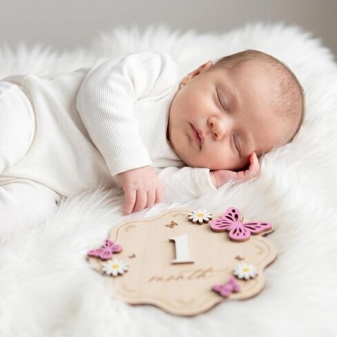Baby Monthly Milestone Signs, Double-Sided Wooden Board with Interchangeable Numbers, Floral Butterfly Design for Baby Girl Newborn Photography Props in Kuwait