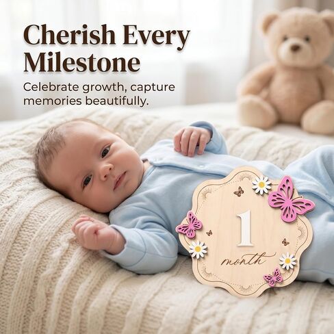 Baby Monthly Milestone Signs, Double-Sided Wooden Board with Interchangeable Numbers, Floral Butterfly Design for Baby Girl Newborn Photography Props in Kuwait