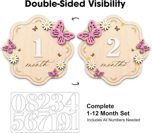 Baby Monthly Milestone Signs, Double-Sided Wooden Board with Interchangeable Numbers, Floral Butterfly Design for Baby Girl Newborn Photography Props in Kuwait
