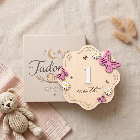 Baby Monthly Milestone Signs, Double-Sided Wooden Board with Interchangeable Numbers, Floral Butterfly Design for Baby Girl Newborn Photography Props in Kuwait