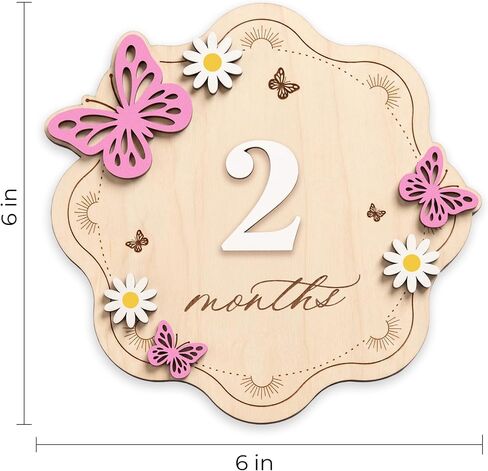 Baby Monthly Milestone Signs, Double-Sided Wooden Board with Interchangeable Numbers, Floral Butterfly Design for Baby Girl Newborn Photography Props in Kuwait