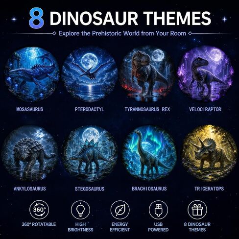 Jurassic dinosaur pattern ambient projection decorative night light | Includes projected images of Triceratops, Ankylosaurus, Tyrannosaurus Rex, Mosasaurus, Pterodactyl, etc. in Kuwait
