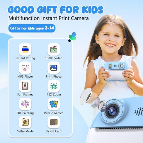 Kids Camera Instant Print 1080P Front Rear Dual Selfie - Kids Digital Camera with Video Games, 32GB & 5-Color Print Paper/ 250 Photos,Easy to Use & Great Toys Gifts for Boys Girls, Ages 3-12 in Kuwait
