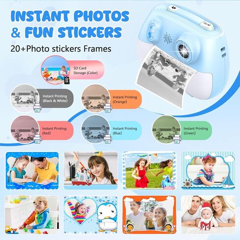 Kids Camera Instant Print 1080P Front Rear Dual Selfie - Kids Digital Camera with Video Games, 32GB & 5-Color Print Paper/ 250 Photos,Easy to Use & Great Toys Gifts for Boys Girls, Ages 3-12 in Kuwait