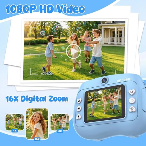 Kids Camera Instant Print 1080P Front Rear Dual Selfie - Kids Digital Camera with Video Games, 32GB & 5-Color Print Paper/ 250 Photos,Easy to Use & Great Toys Gifts for Boys Girls, Ages 3-12 in Kuwait
