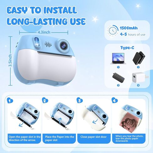 Kids Camera Instant Print 1080P Front Rear Dual Selfie - Kids Digital Camera with Video Games, 32GB & 5-Color Print Paper/ 250 Photos,Easy to Use & Great Toys Gifts for Boys Girls, Ages 3-12 in Kuwait