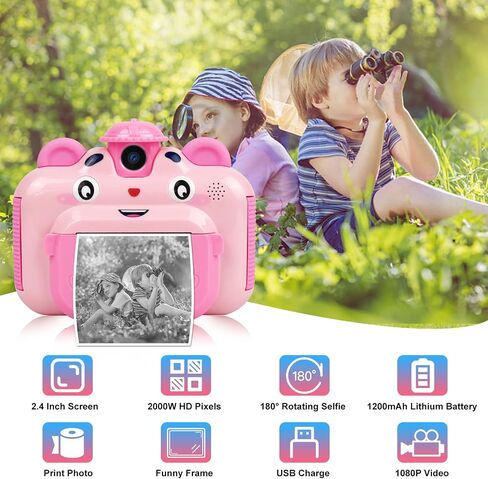 Instant Print Digital Camera for Kids, Toddler Camera, 20MP Selfie Video, Children's Toy, Christmas & Birthday Gift for 6-12 Year Old Girls & Boys, Pink in Kuwait