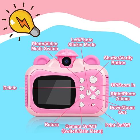 Instant Print Digital Camera for Kids, Toddler Camera, 20MP Selfie Video, Children's Toy, Christmas & Birthday Gift for 6-12 Year Old Girls & Boys, Pink in Kuwait