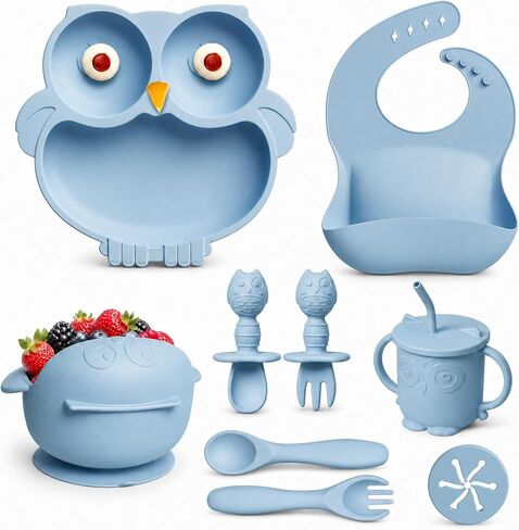 Silicone Baby Feeding Set with Spoon, Bowls, Plates with Suction, Bib, and Toddler Sippy Cups with Replaceable Snack Lids, Blue in Kuwait